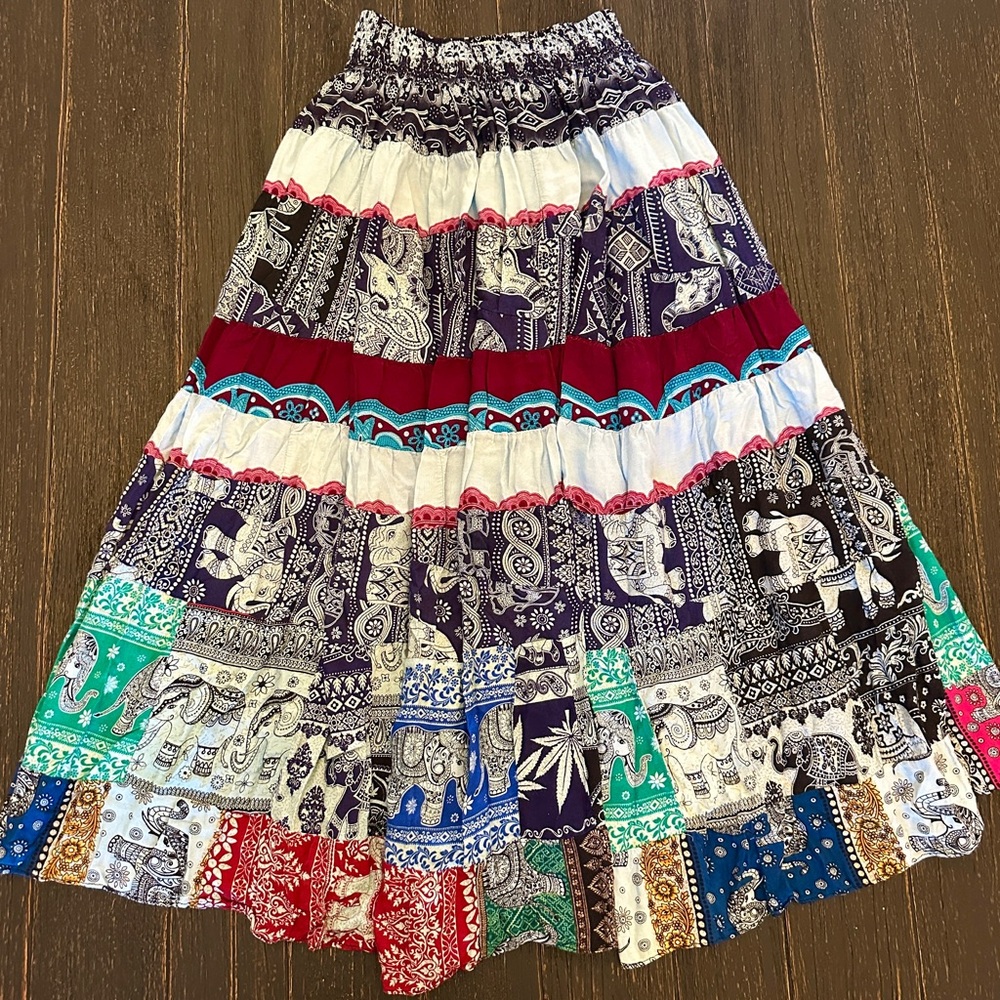 Bohemian Elephant Patchwork Maxi Skirt
